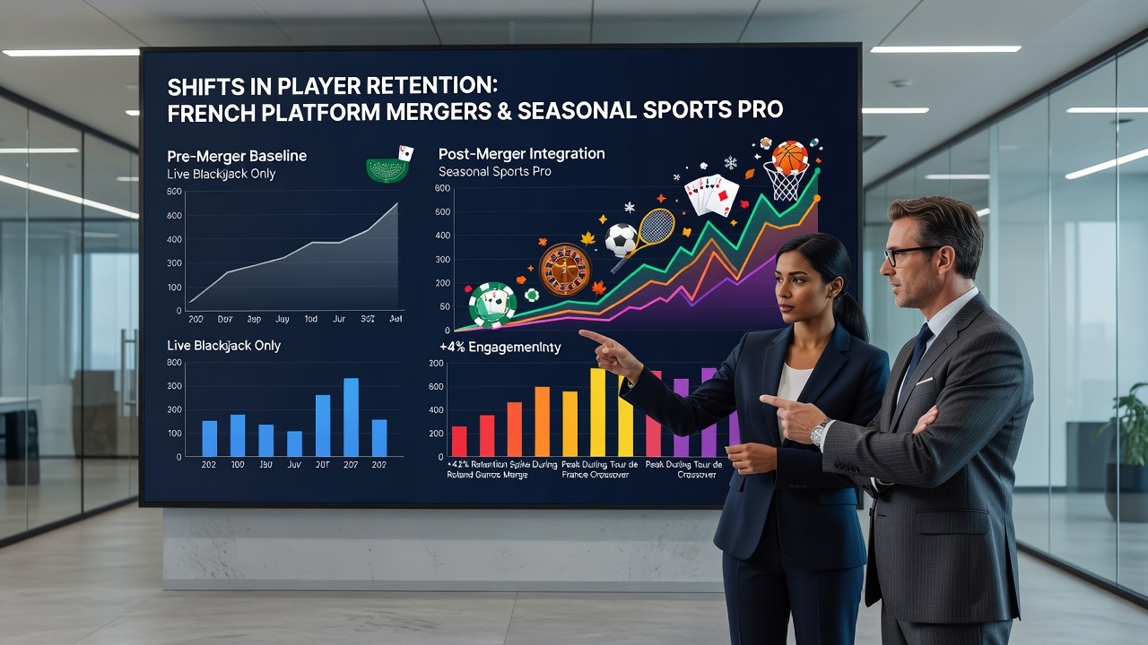 Analytics dashboard displaying player retention metrics for merged blackjack and sports promotions